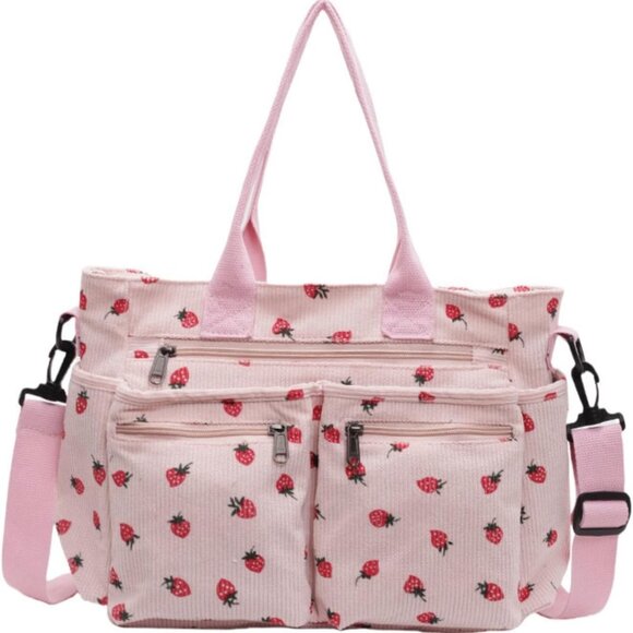 Women Strawberry Corduroy Tote Bag Kawaii Shoulder Crossbody Work Purse - Picture 1 of 7